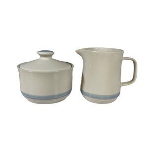 Genuine Stoneware Light Blue & Cream Sugar Bowl and Creamer Farmhouse Cottage